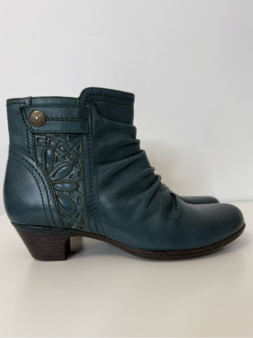 Rockport Teal Blue Abilene Ruched Leather Ankle Boot Bootie Women’s 7.5 Western